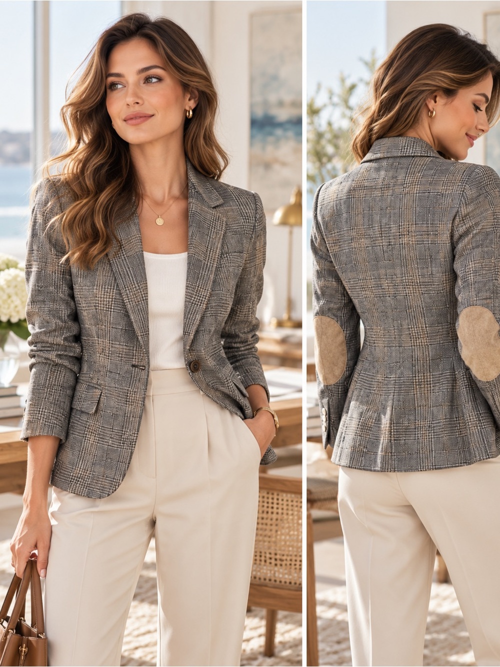 Zara Basic Grey Plaid Blazer |Medium| Wool Blend Elbow Patch Office Core Chic